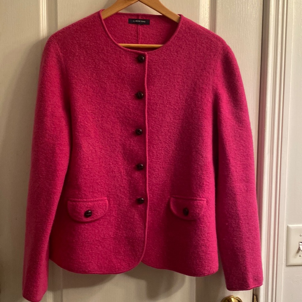 Lands’End boiled wool jacket. Long sleeve, very warm.
